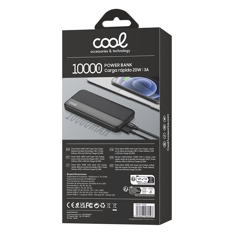 Bateria Externa Universal Power Bank 10.000 mAh COOL (3A / 20W PD) Negro