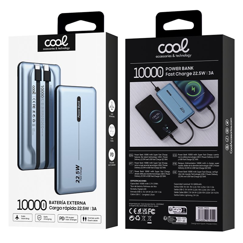 Batería Externa Universal Power Bank 10.000 mAh PD 22.5W (2 cables) Azul