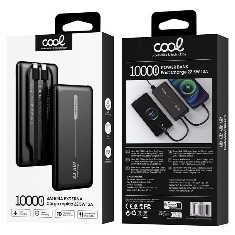 Batería Externa Universal Power Bank 10.000 mAh PD 22.5W (2 cables) Negro