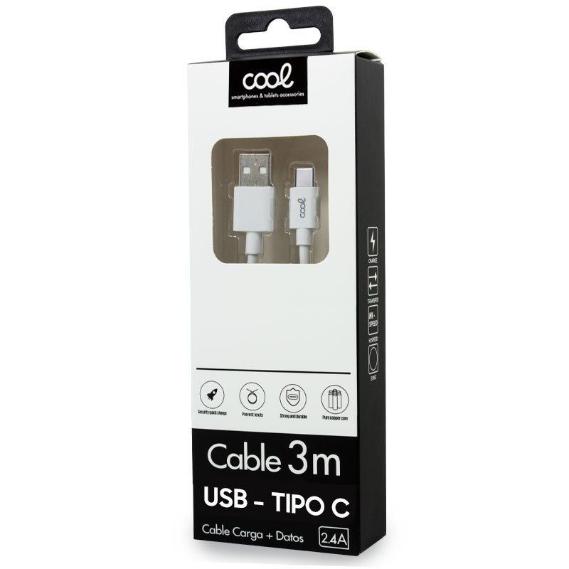 Cable USB Compatible COOL Universal TIPO-C (3 metros) Blanco 2.4 Amp