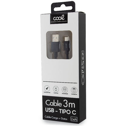 Cable USB Compatible COOL Universal TIPO-C (3 metros) Negro 2.4 Amp