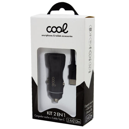 Cargador Coche Cable Tipo C (2 x Usb) COOL 2.4A Kit 2 en 1 Negro