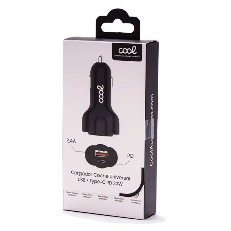 Cargador Coche Universal Entrada USB + Entrada Tipo C PD COOL (30W) Negro