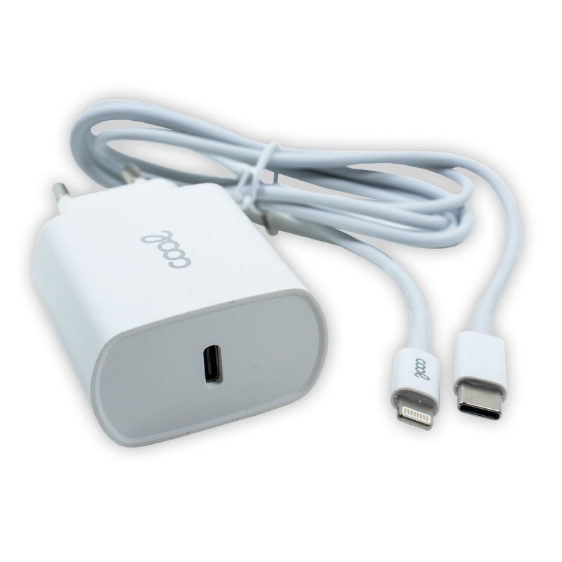 Cargador Red para iPhone COOL Entrada TIPO-C PD + Cable Tipo C - Lightning 1,2 metros (20W)