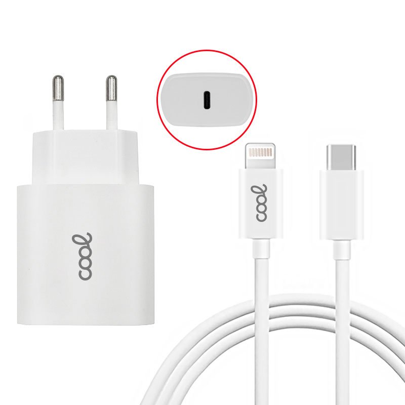 Cargador Red para iPhone COOL Entrada TIPO-C PD + Cable Tipo C - Lightning 1,2 metros (20W)