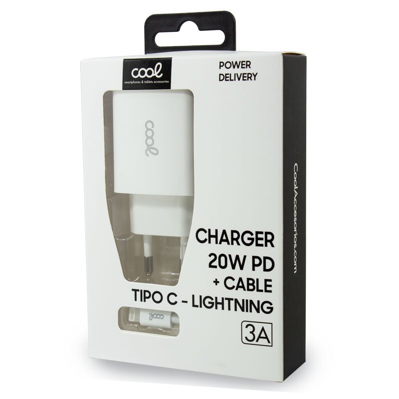 Cargador Red para iPhone COOL Entrada TIPO-C PD + Cable Tipo C - Lightning 1,2 metros (20W)