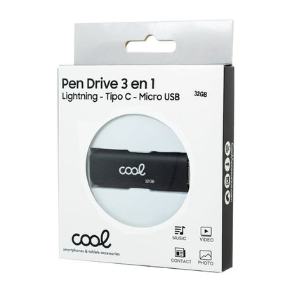 Pen Drive USB x32 GB COOL (3 en 1) Lightning / Tipo-C / USB Negro