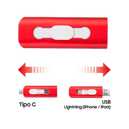 Pen Drive USB x32 GB COOL (3 en 1) Lightning / Tipo-C / USB Rojo