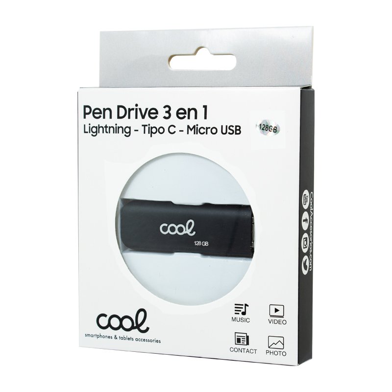 Pen Drive x USB 128 GB COOL (3 en 1) Lightning / Tipo-C / USB Negro